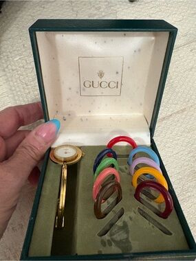 Gucci Gold Watch Head with Multicolor Interchangeable Rings
